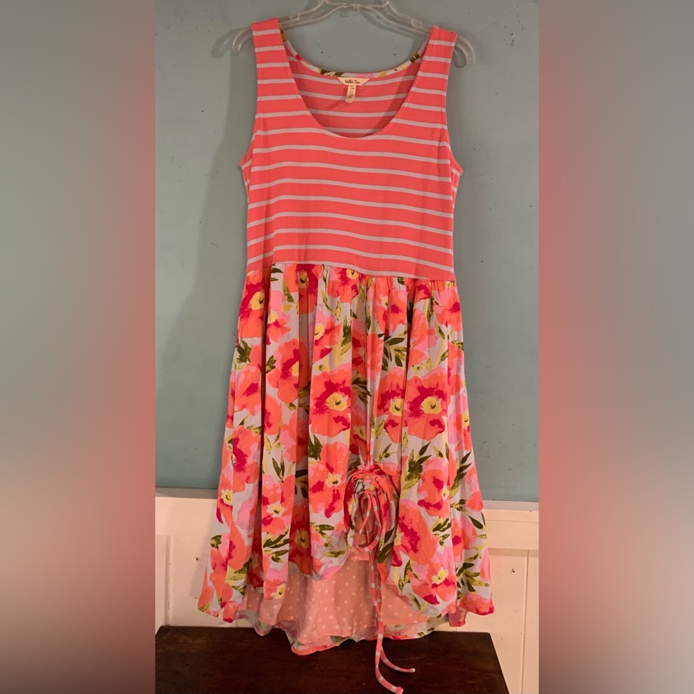Matilda Jane ladies sundress salmon pink & white stripes with florals size L